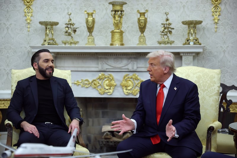 President Donald Trump meets with President Nayib Bukele of El Salvador in the White House Oval Office on April 14, 2025 in Washington, D.C.