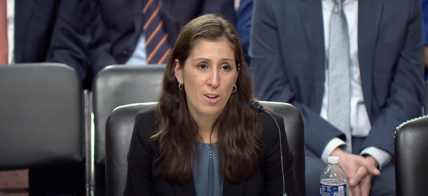 Katie Sutton testifies at her May 6, 2025, confirmation hearing to be assistant defense secretary for cyber policy.