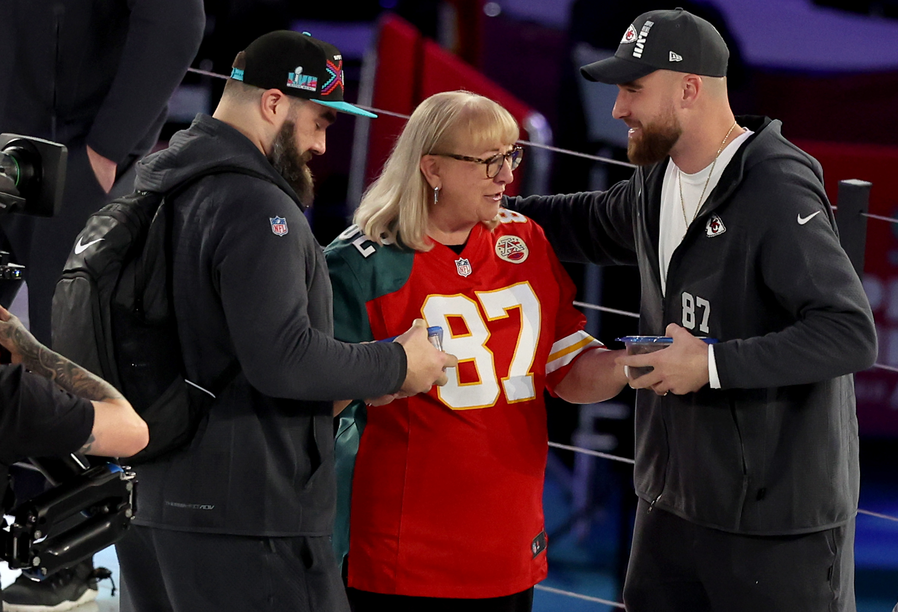 Jason Kelce, Donna Kelce and Travis Kelce in Phoenix in February 2023