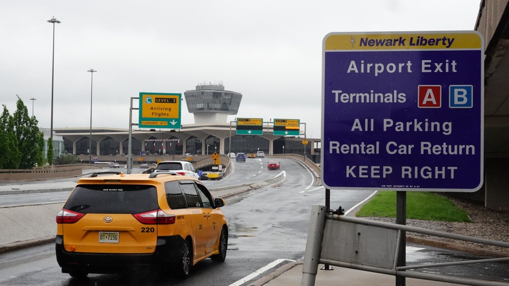Partial view of the main entrance outside United Airlines Newark Airport Terminal C, photographed on May 5, 2025.