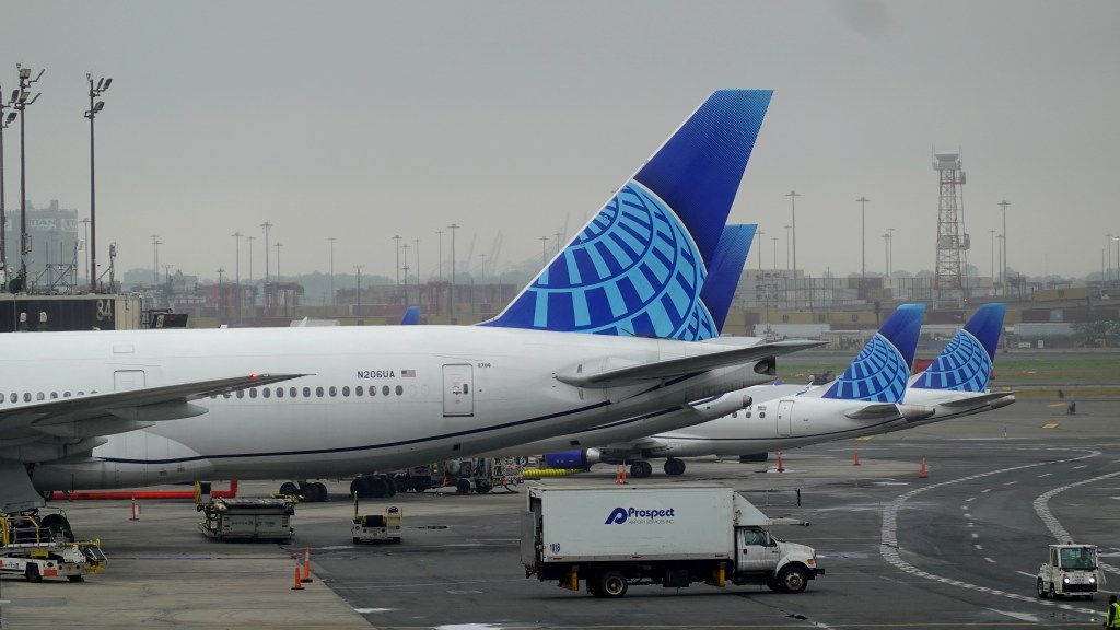 United Airlines planes are parked at Terminal C gates at Newark Airport, photographed on May 5, 2025.