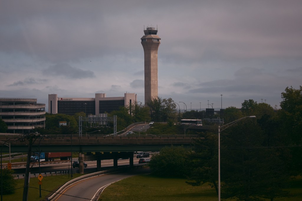 An airport control tower is seen at Newark Liberty International Airport, on May 6, 2025 in Newark, New Jersey.