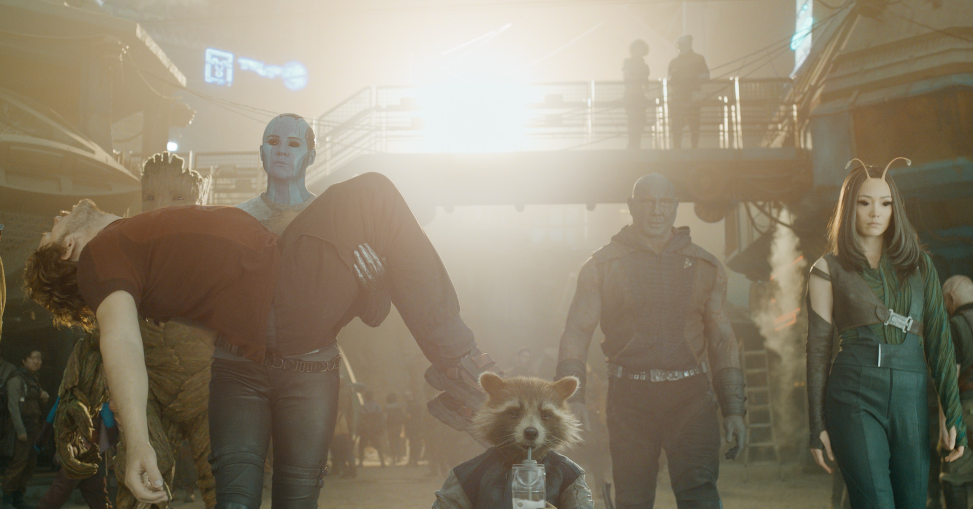 The Guardians of the Galaxy are in rough shape as Nebula carries a passed-out Peter Quill alongsidde Groot, Drax, Rocket, and Kraglin in Guardians of the Galaxy Vol. 3