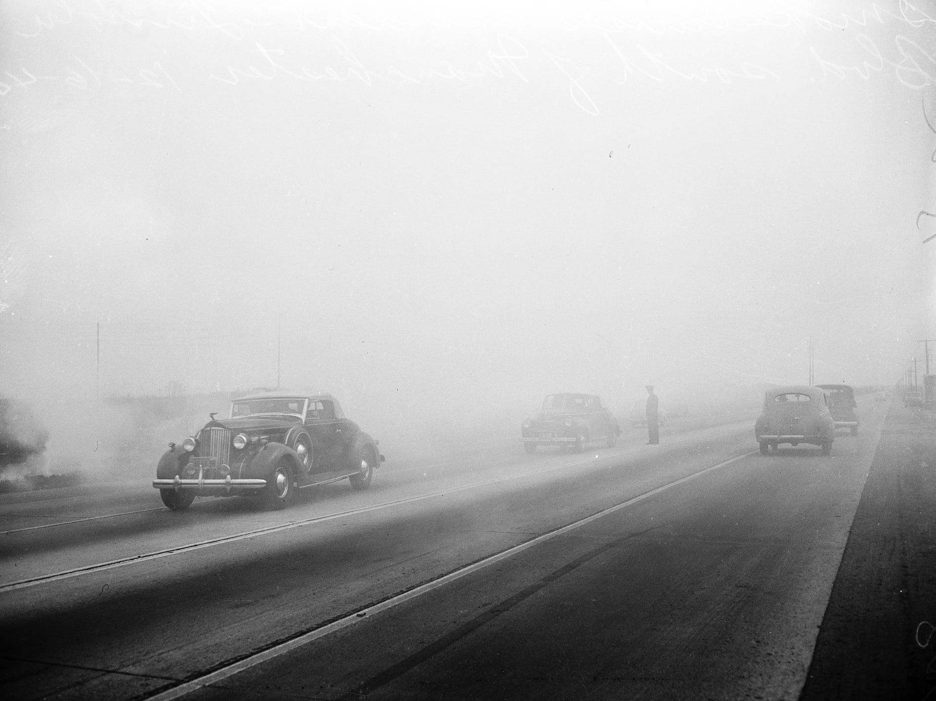 Smog picture, 15 December 1952. Mission Hosiery Mills, 3764 South Broadway Place, Los Angeles.