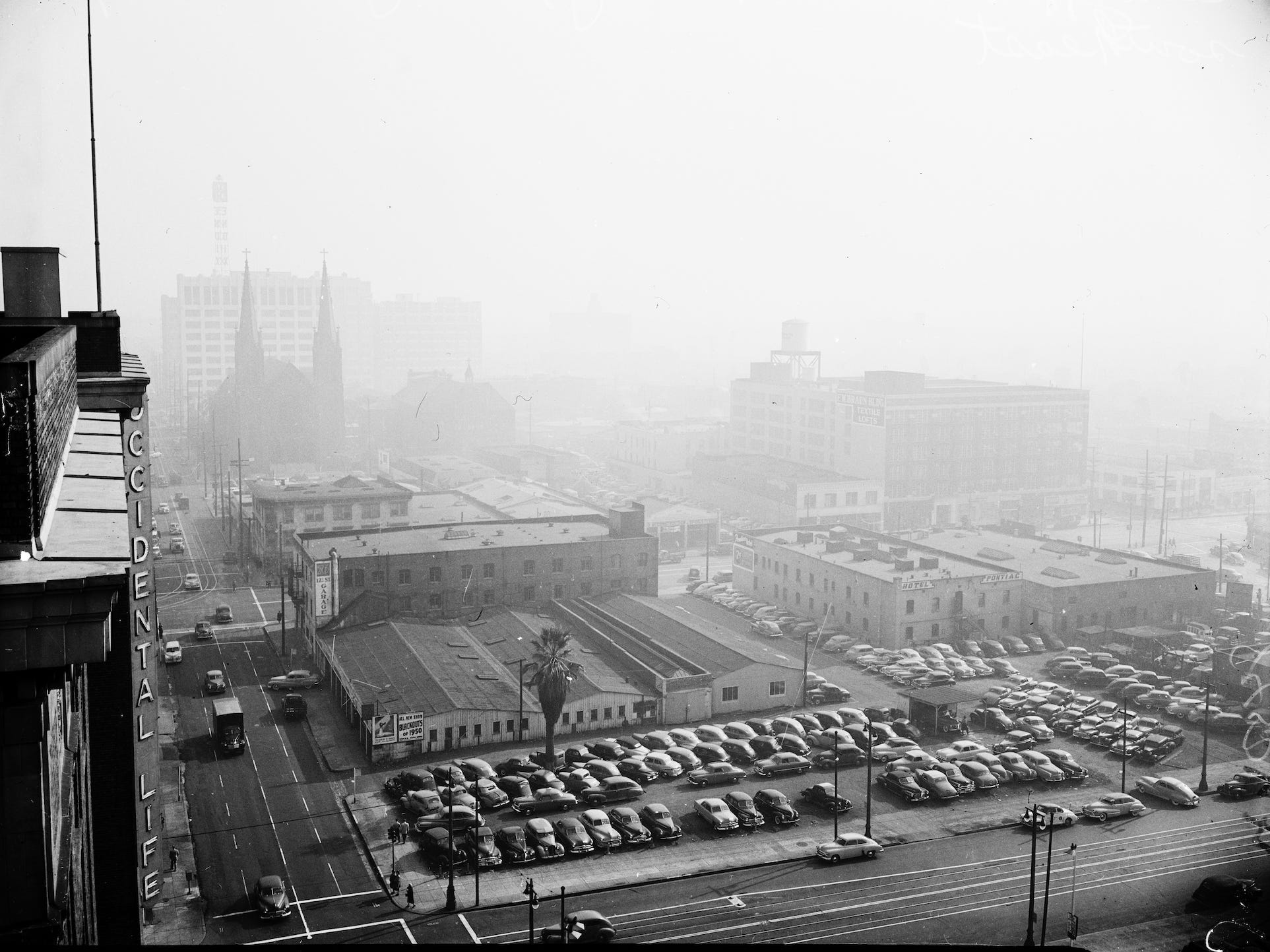Smog, 2 December 1949. Looking west from City Hall
