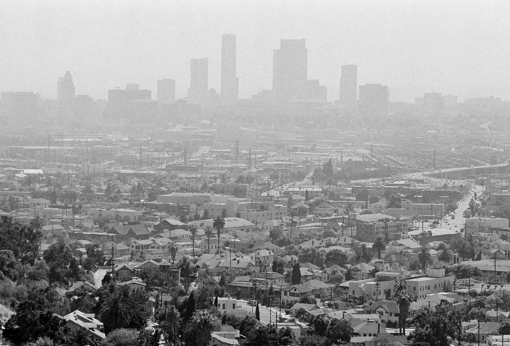 A pall of smog lies over the Los Angeles skyline, July 15, 1978. Air quality officials warned everyone to stay indoors as severely polluted air hung over much of Southern California.