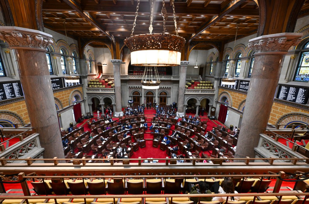 New carpet and seats are seen as New York Assembly lawmakers debate budget bills during a legislative session in the Assembly Chamber at the state Capitol Wednesday, May 7, 2025, in Albany, N.Y.