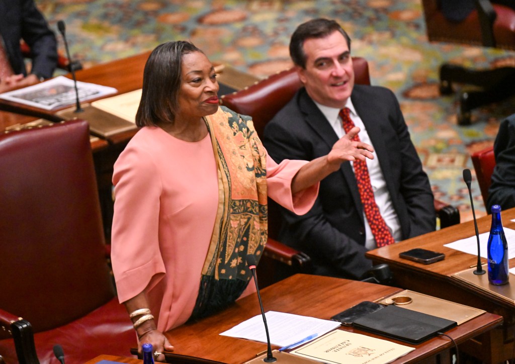 Senate Majority Leader, Andrea Stewart-Cousins, D-Yonkers, left and Senator Deputy Majority Leader, Michael Gianaris, D-Astoria, are seen in the Senate Chamber at the state Capitol Wednesday, May 7, 2025, in Albany, N.Y. (