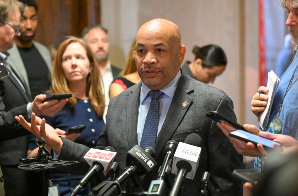 New York Assembly Speaker Carl Heastie, D-Bronx, talks with reporters about issues with 2026 state budget at the state Capitol Monday, April 28, 2025, in Albany, N.Y