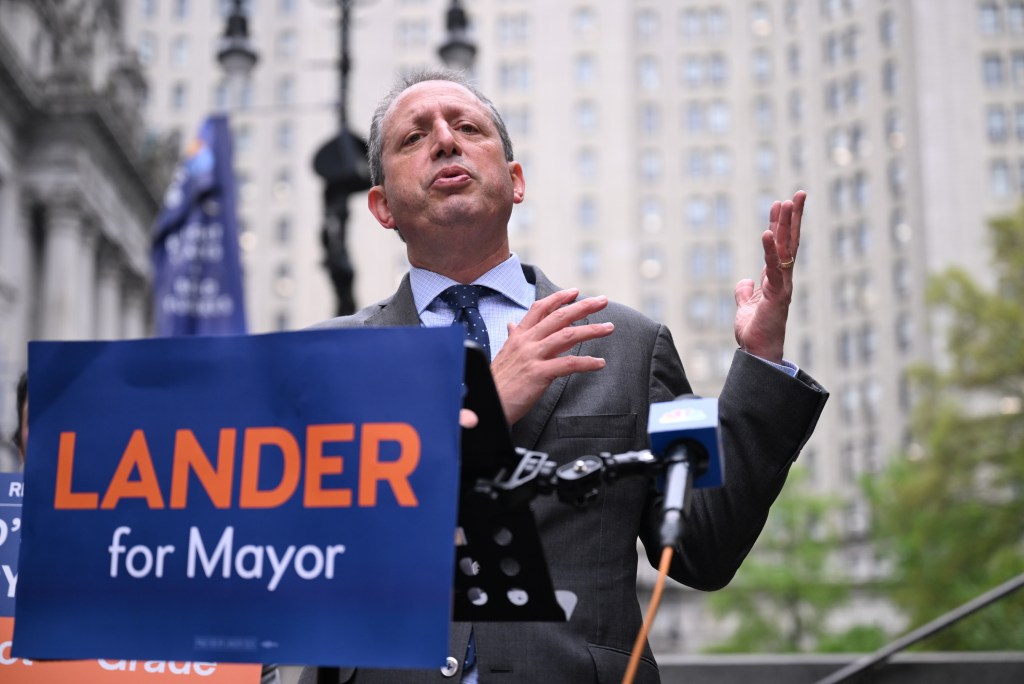 2025 Democratic Mayoral candidate Brad Lander speaking at presser on the steps of Tweed Courthouse in lower Manhattan, announcing his vision for New York City public schools
