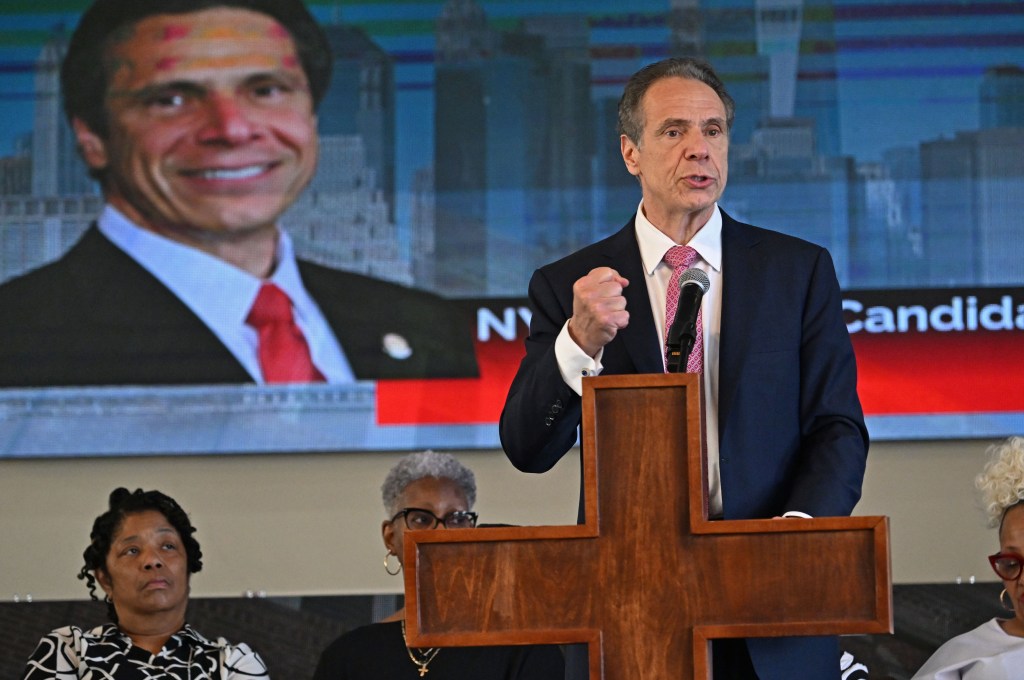 Former Governor Andrew Cuomo speaking to the congregation at Mount Ararat Baptist Church in Brooklyn, NY, during his mayoral comeback tour.