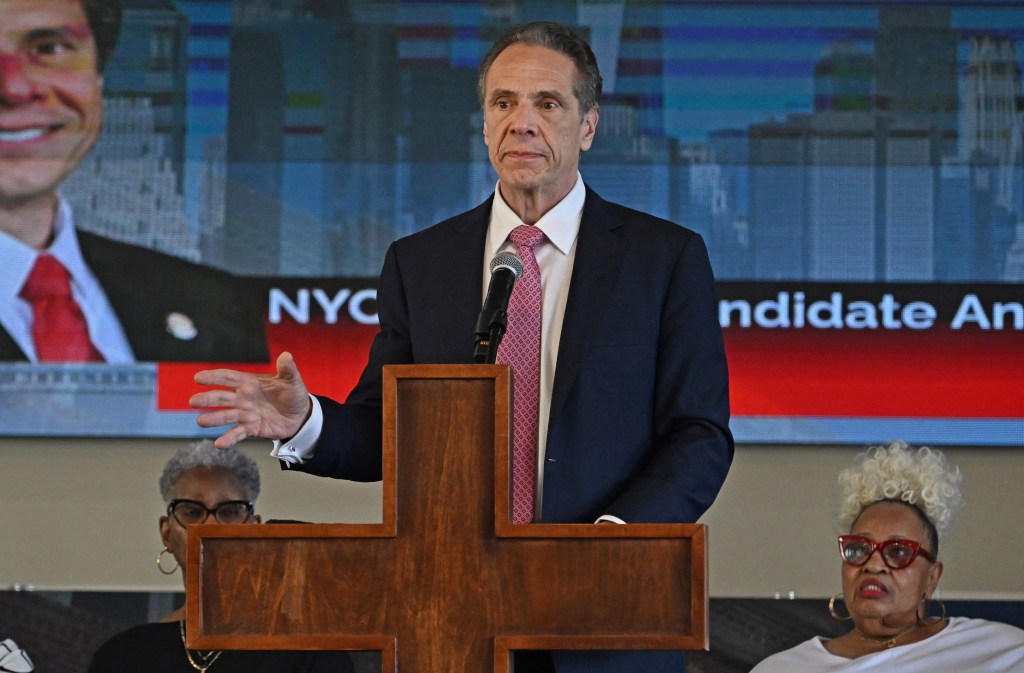 Former Governor Andrew Cuomo speaking to the congregation at the Mount Ararat Baptist Church in Brooklyn, New York during his mayoral campaign comeback tour