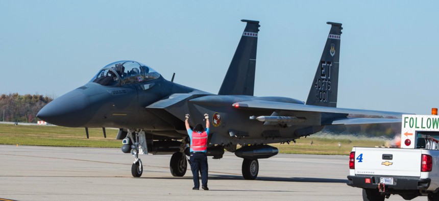 An F-15EX fighter jet taxis to its parking spot at Wright-Patterson Air Force Base, Ohio, Nov. 8, 2021. 
