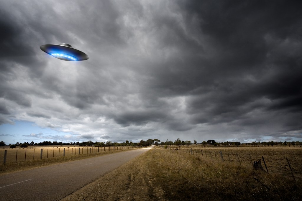 A 3D rendering of an alien-crafted flying saucer.