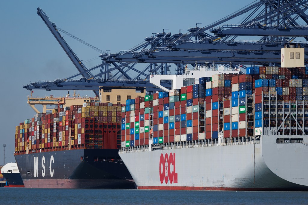 Container ships load and unload at Felixstowe Port on April 07, 2025 in Felixstowe, England.