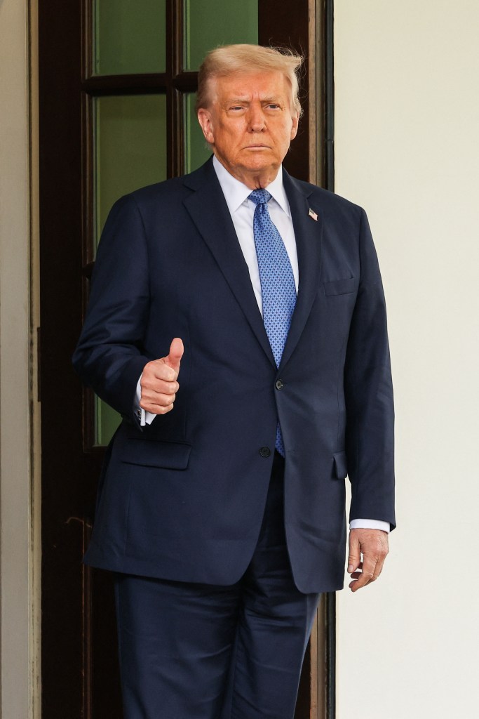 President Donald Trump gestures on the day of his meeting with Norway's Prime Minister Prime Minister Jonas Gahr Stoere (not pictured), at the White House in Washington, D.C., U.S., April 24, 2025