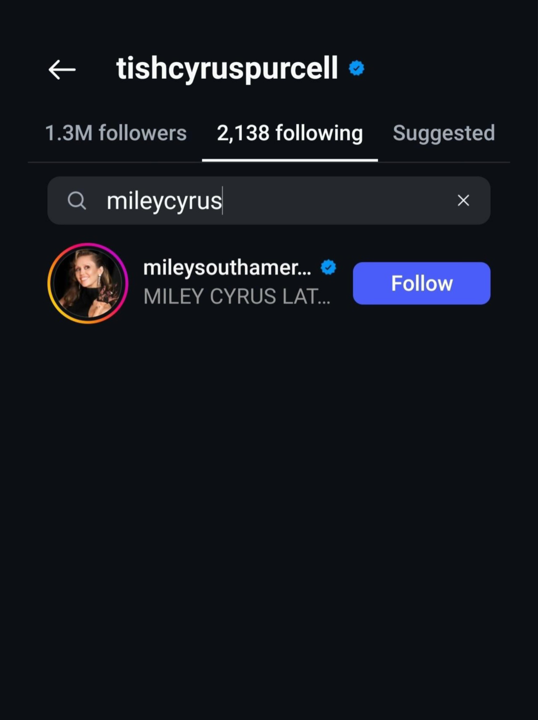 A screenshot of Tish Cyrus' follow list on Instagram. 