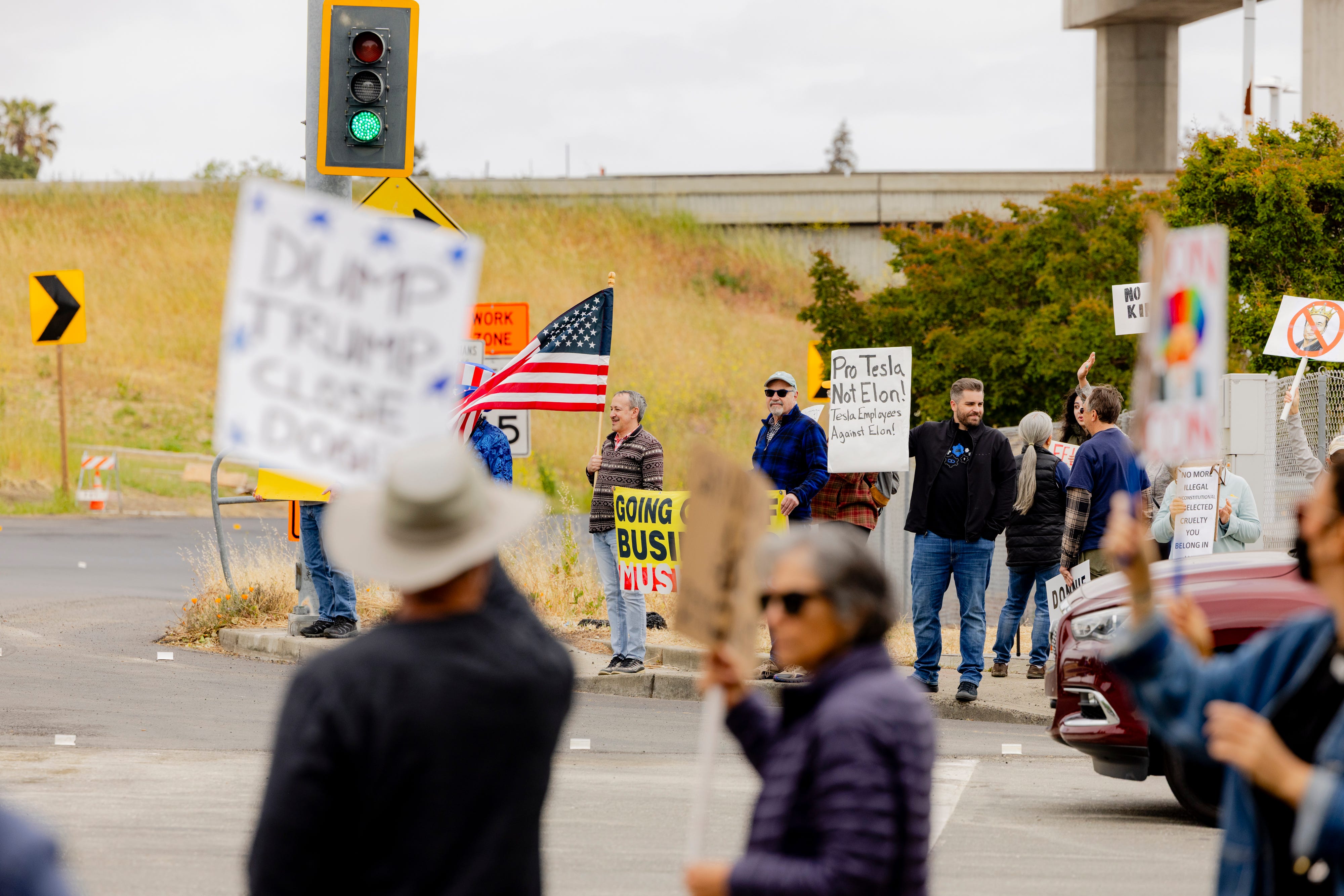 Protesters at Tesla dealership.