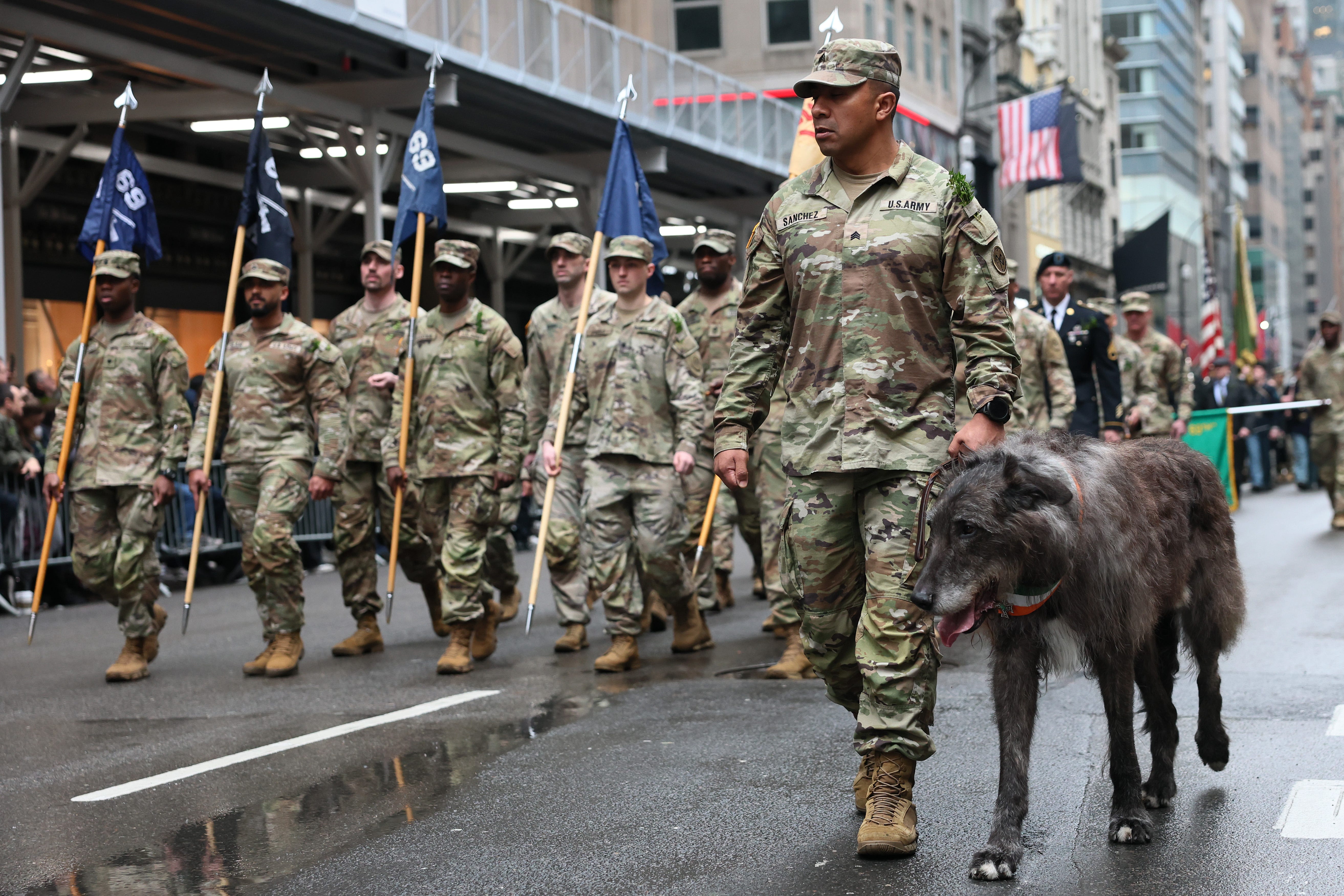 US Army soldiers walk in formation during the St. Patrick's Day Parade in New York City.