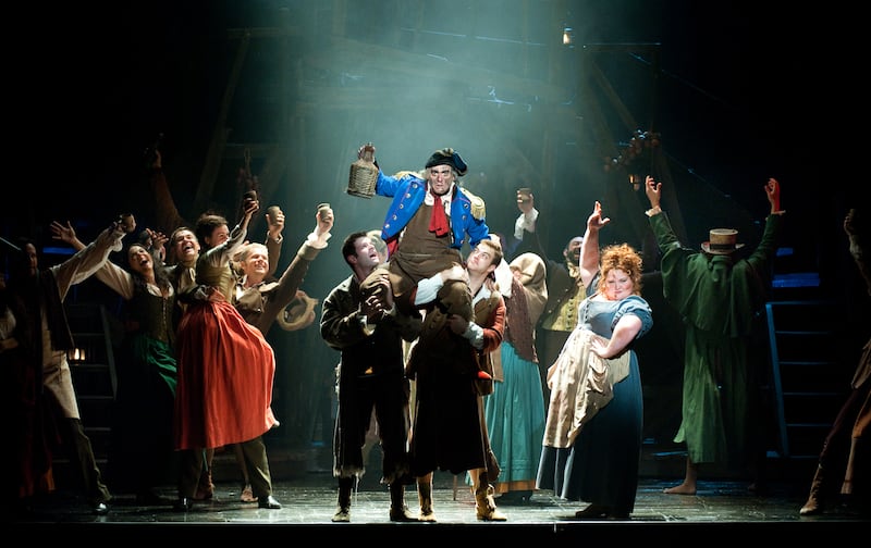 WASHINGTON, DC - SEPTEMBER 29: Cameron Mackintosh's new 25th anniversary production of Les Miserables at The Kennedy Center features scenery inspired by the paintings of Victor Hugo. Thenardier, played by Richard Vida, center, and the rest of the company sing Master of the House. (Photo by Sarah L. Voisin/The Washington Post via Getty Images)