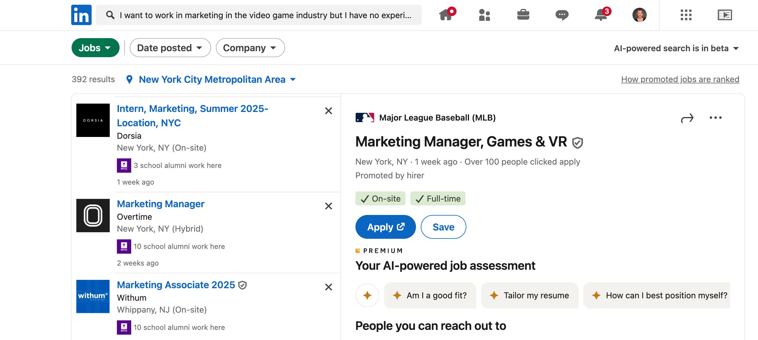 LinkedIn screenshot of AI-powered job search