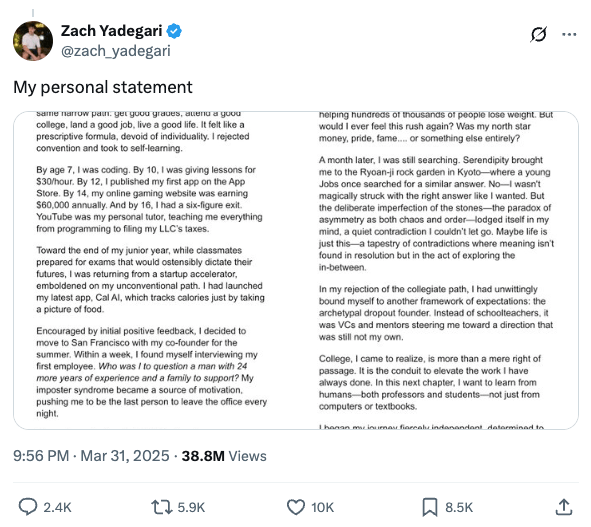 Zach Yadegari's personal essay published to X after revealing the 15 colleges that rejected him.
