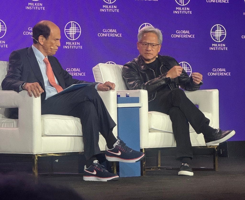 Milken Institute chairman Michael Milken (left) interviewed Nvidia CEO Jensen Huang