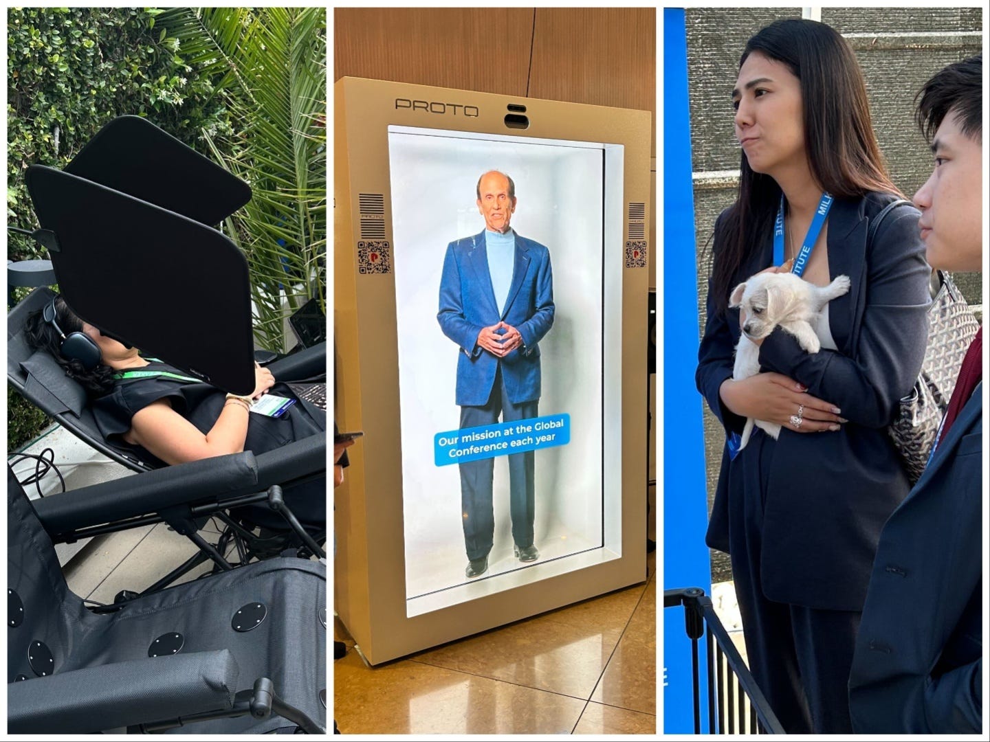 This photo contains three images: the first of a women in a "nervous system reset" chair, the second is a a box with a hologram of conference host Michael Milken, and the third is a conference attendee holding a puppy.