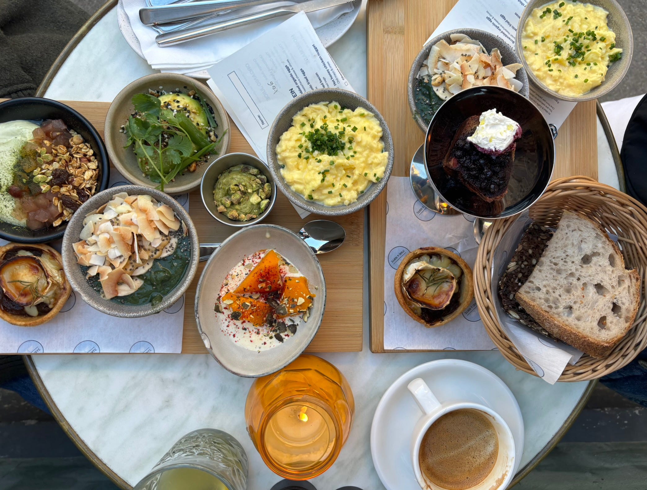 The author's spread of food at Mad & Kaffe in Copenhagen.