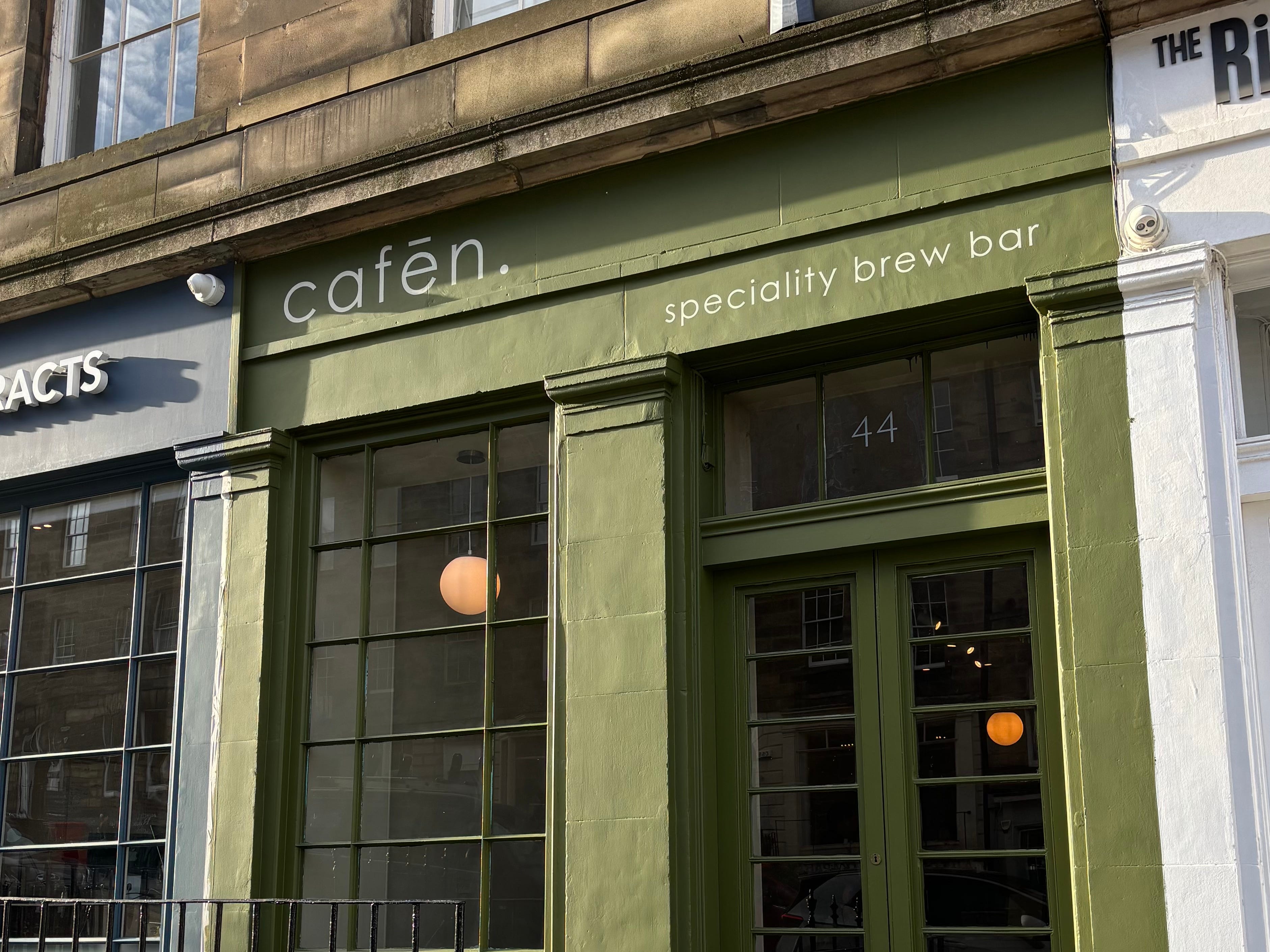 The exterior of cafēn specialty brew bar in Edinburgh.