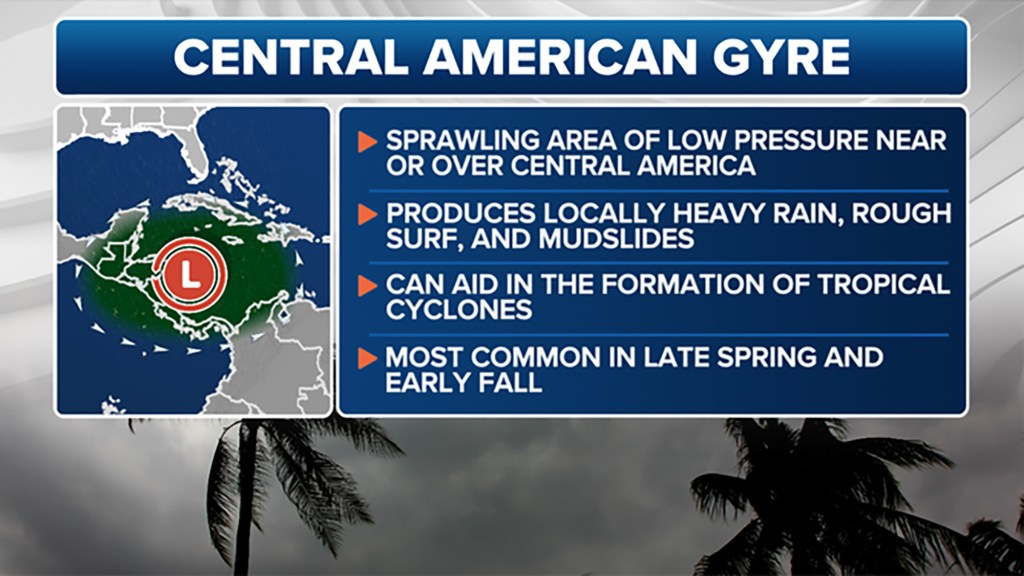 The gyre is a sprawling area of low pressure that feeds off moisture streaming in from the Pacific Ocean and forms near or over Central America. 