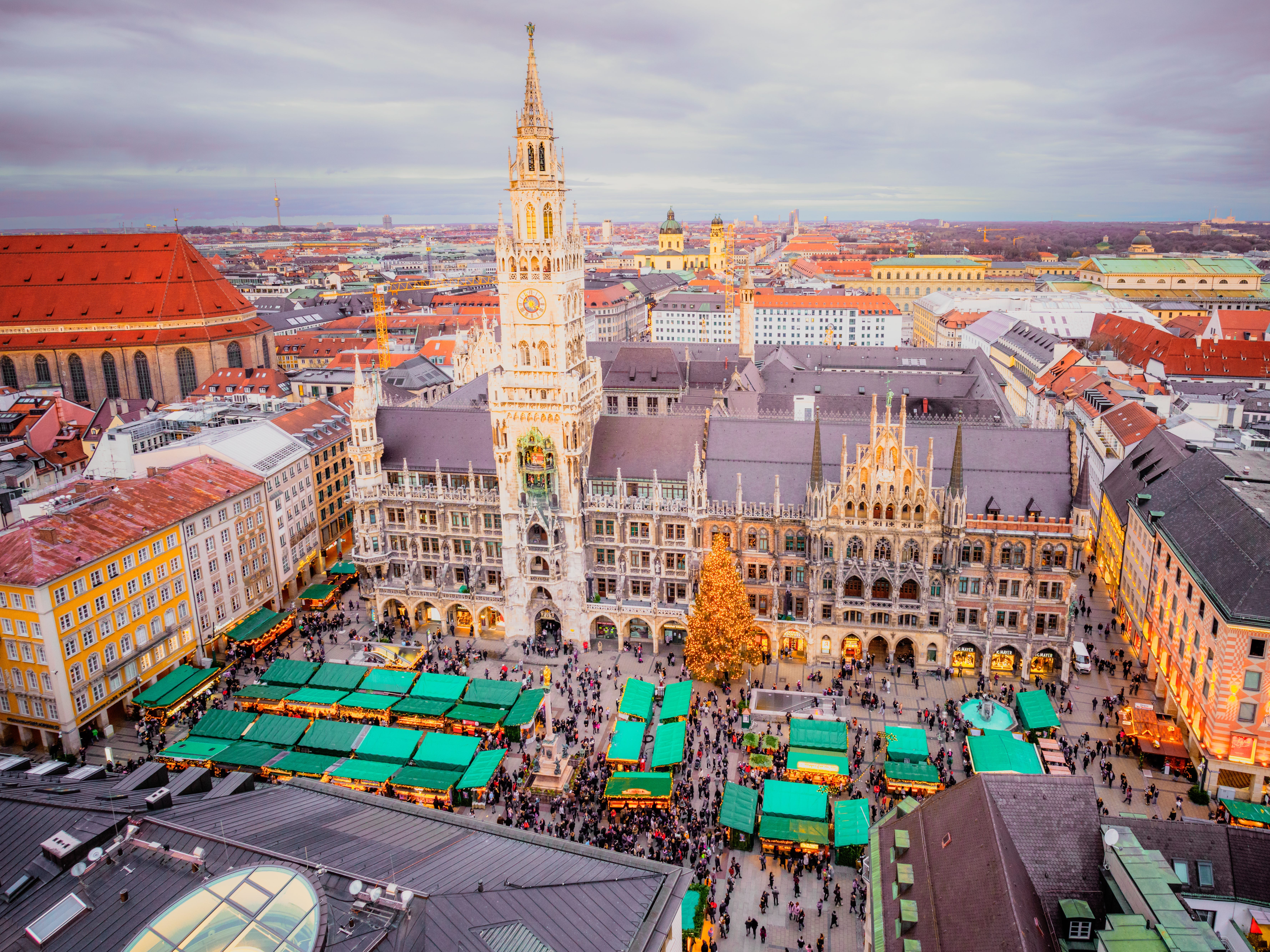 A view over Munich's Marienplatz in December,
