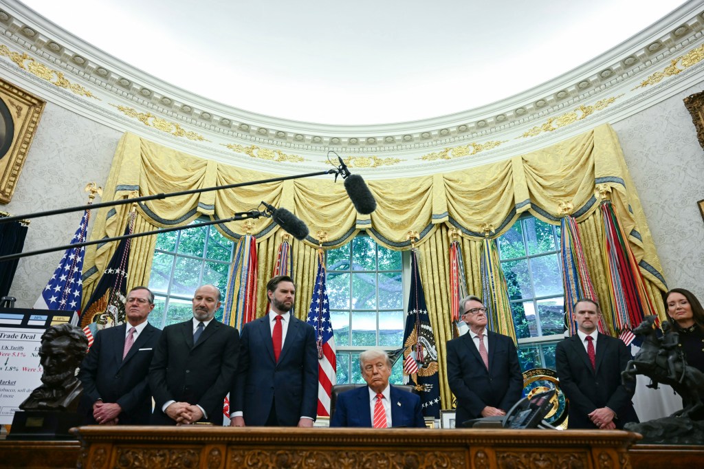 President Donald Trump delivers remarks on a trade deal with the United Kingdom in the Oval Office of the White House, Thursday, May 8, 2025, in Washington.