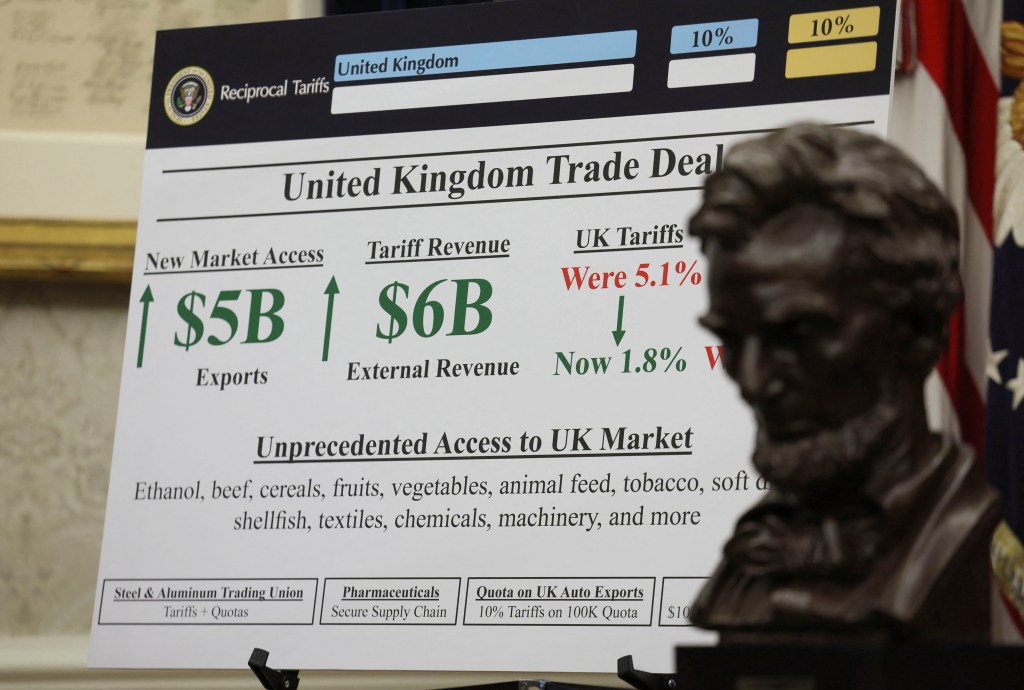A poster is seen as U.S. President Donald Trump makes an announcement about a trade deal with the U.K., in the Oval Office at the White House in Washington, D.C., U.S., May 8, 2025. 