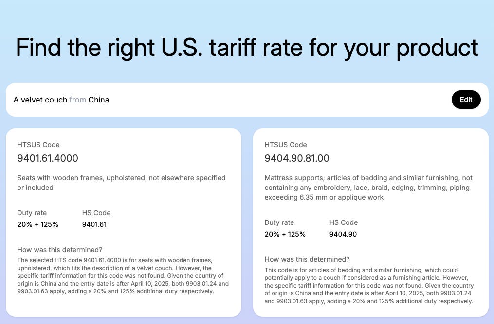 Screenshot shows an example of tariff guidance from Shopify's new tariffguide.ai website