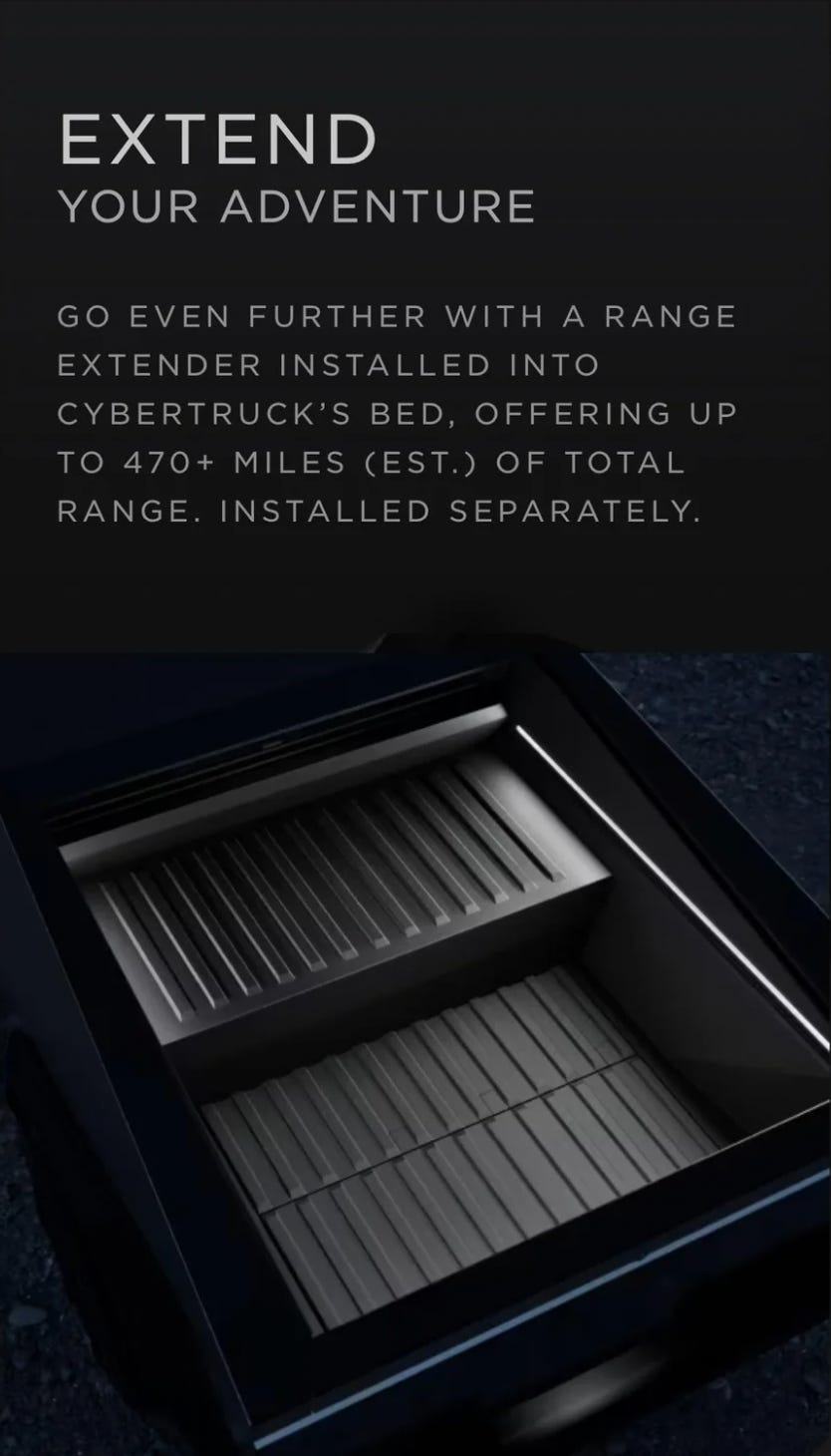 A screenshot of Tesla's previously advertised Cybertruck Range Extender.