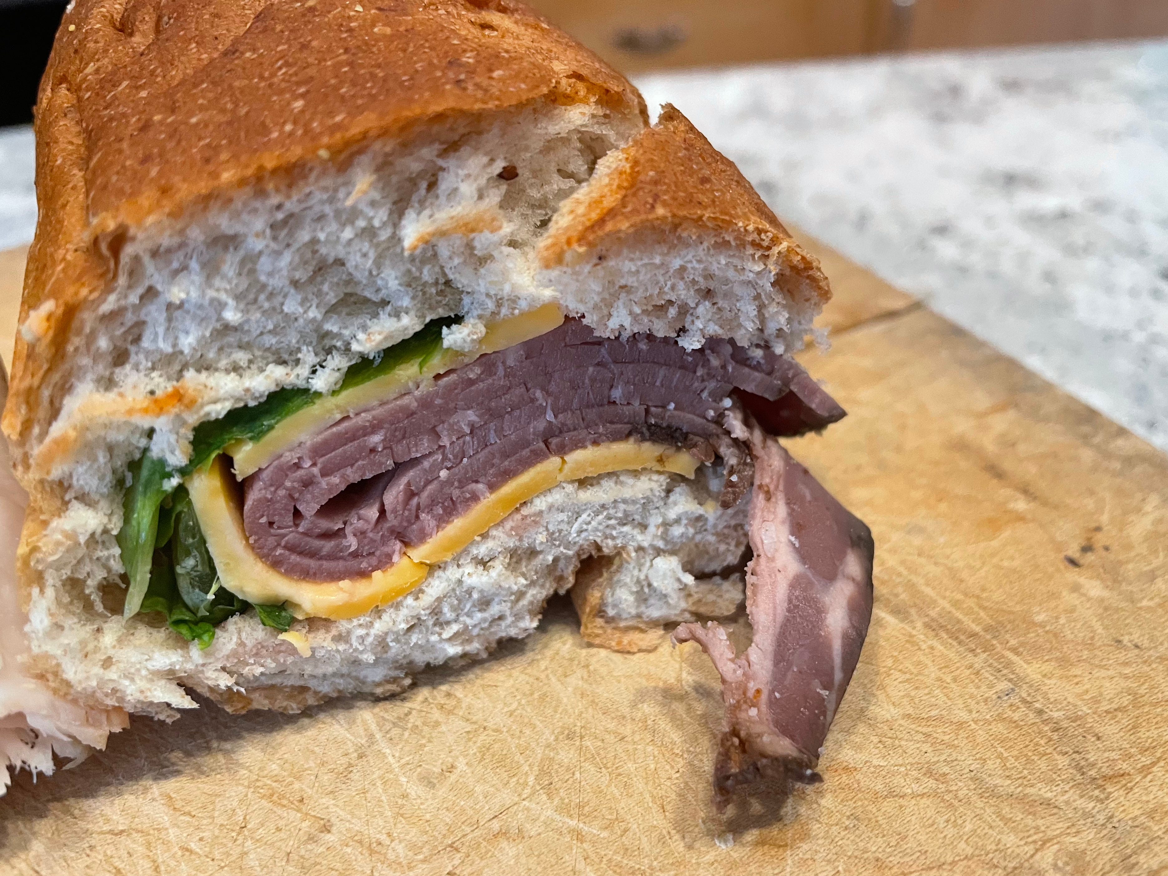 A close-up of the author's roast beef sandwich from QuikTrip.