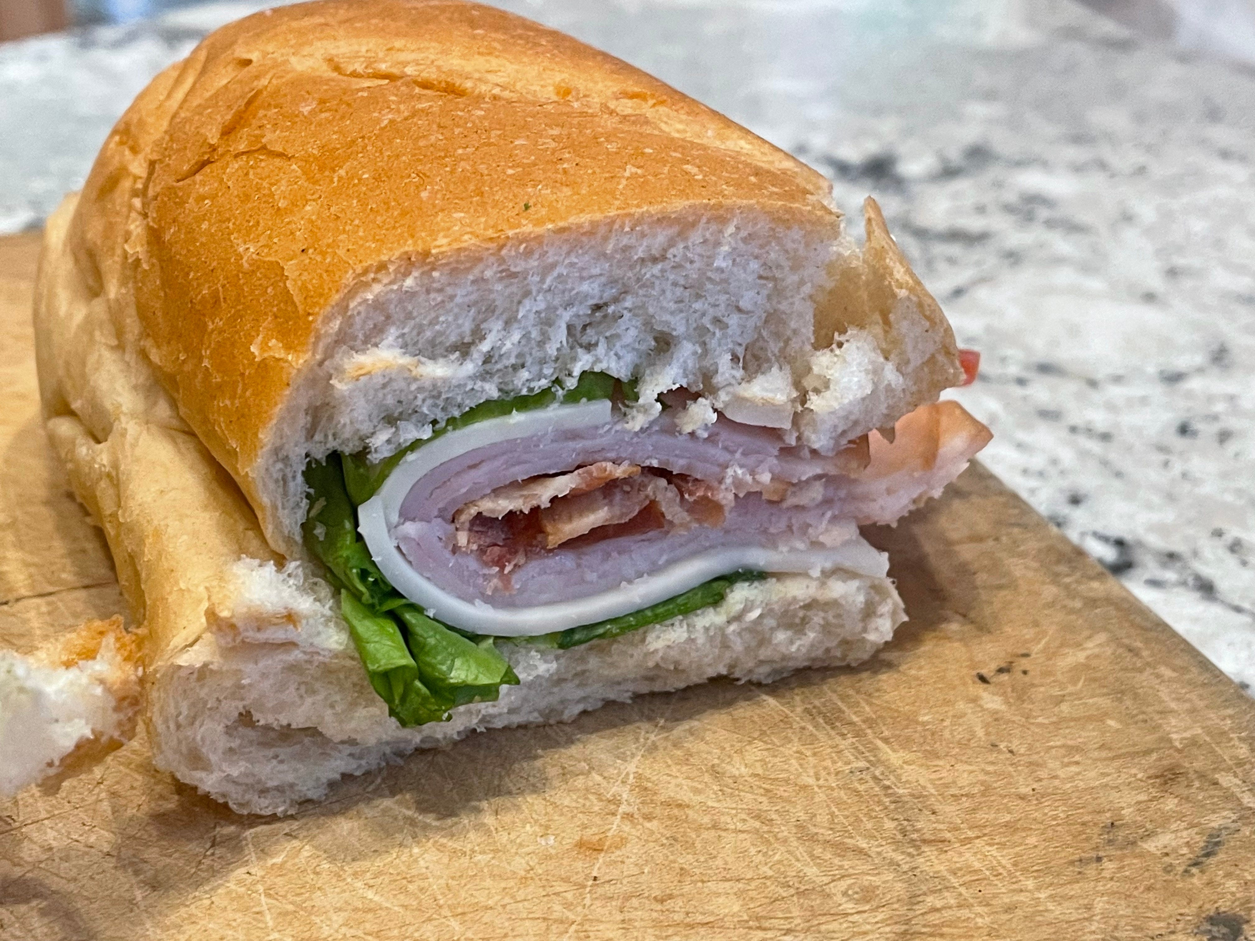 A close-up of the author's turkey bacon club from QuikTrip.