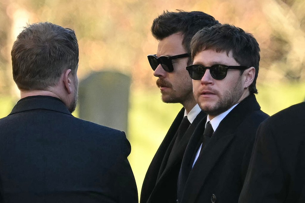 Harry Styles and Niall Horan in black coats, black ties and white shirts, and sunglasses.