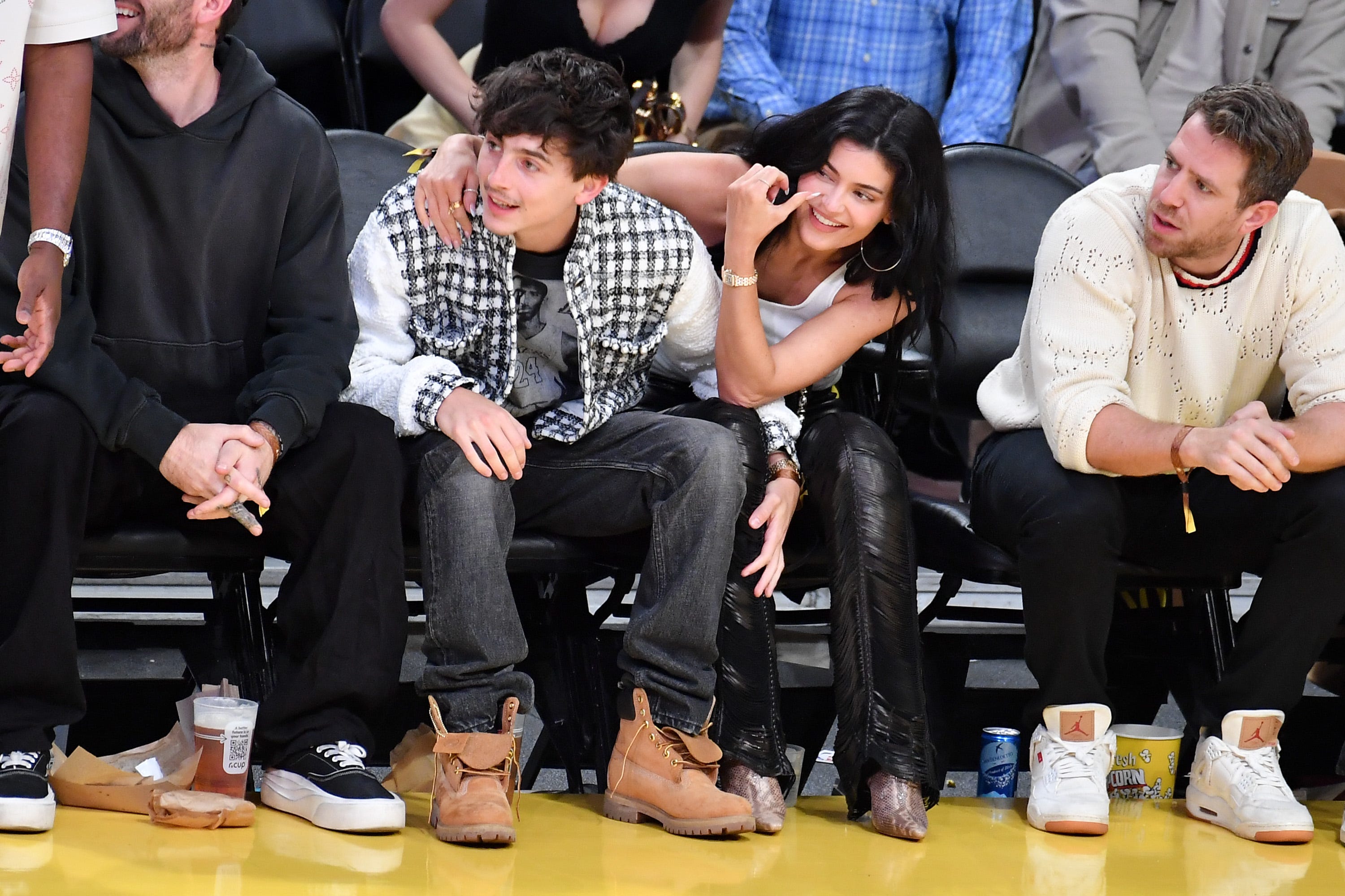 Timothée Chalamet and Kylie Jenner attend a basketball game between the Los Angeles Lakers and the Minnesota Timberwolves at Crypto.com Arena on April 30, 2025.