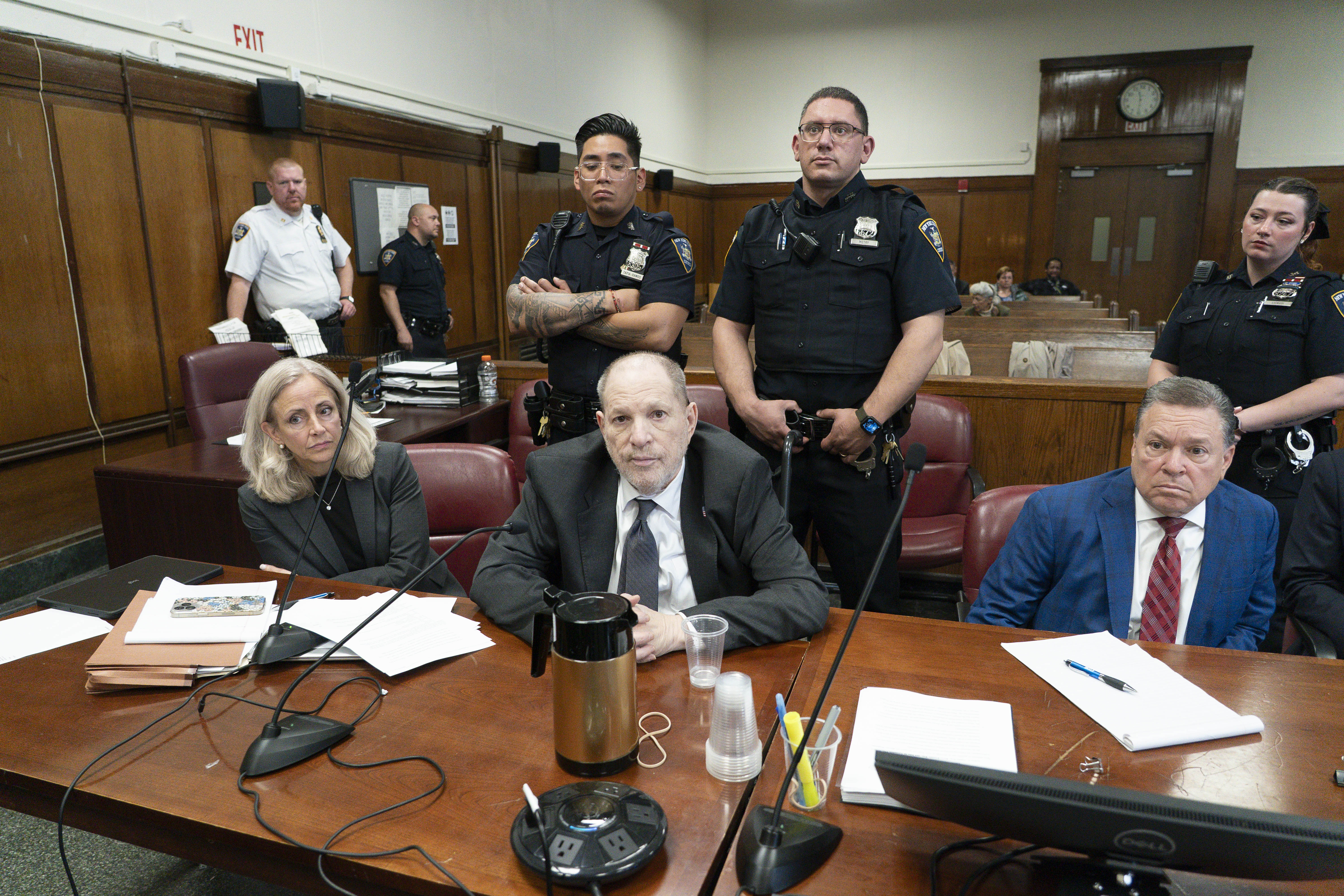 Harvey Weinstein in a wheelchair in court. 