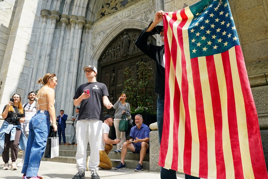 American Flag proudly on display outside St. Pat's Church.