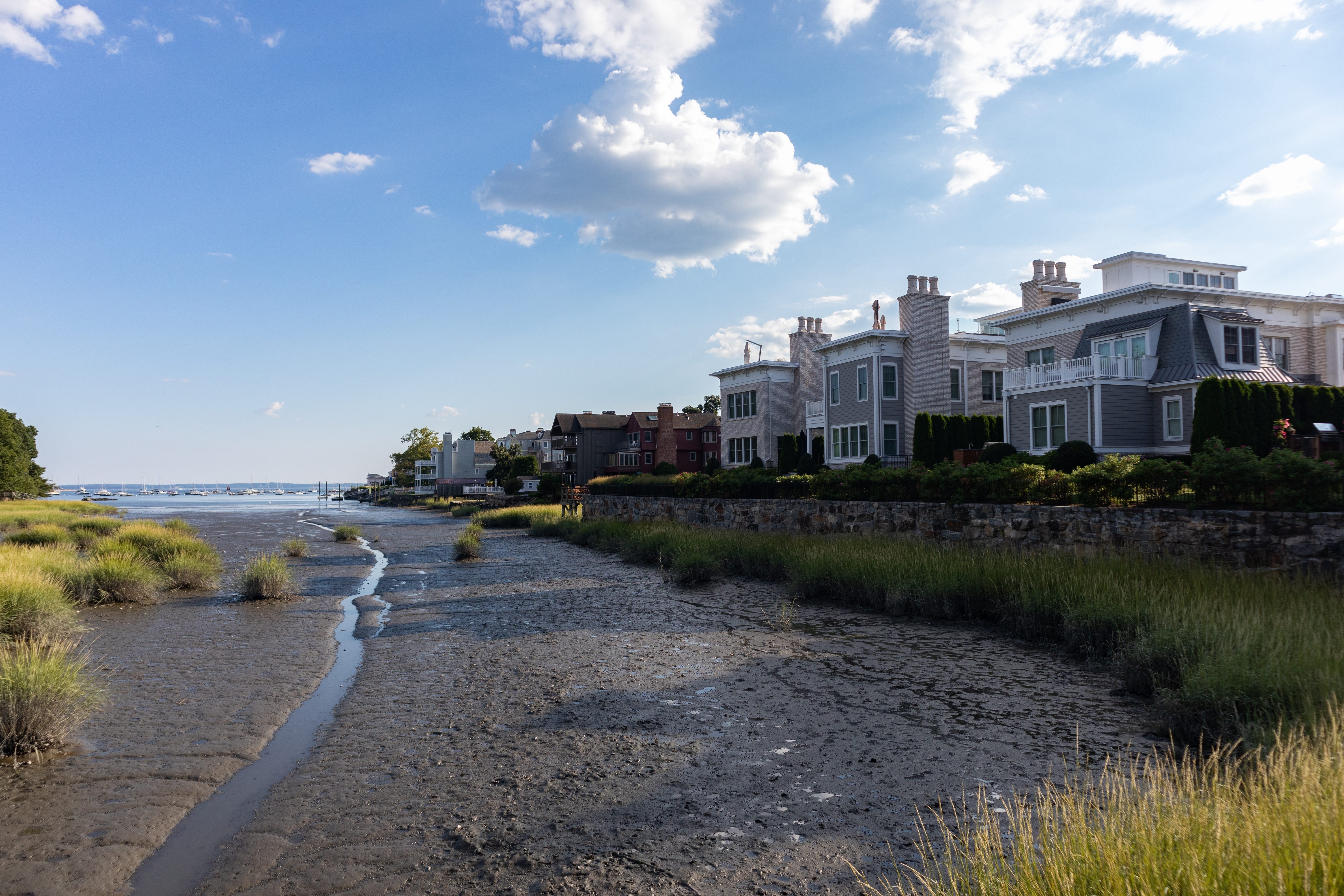 Sandy shore with houses nearby in Greenwich, CT