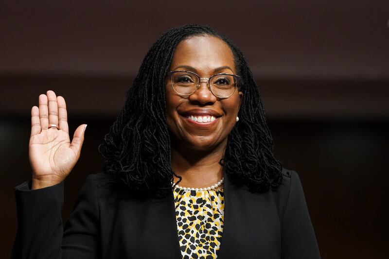 WASHINGTON, DC - APRIL 28: Ketanji Brown Jackson, nominated to be a U.S. Circuit Judge for the District of Columbia Circuit, is sworn in to testify before a Senate Judiciary Committee hearing on pending judicial nominations on Capitol Hill, April 28, 2021 in Washington, DC. The committee is holding the hearing on pending judicial nominations. (Photo by Kevin Lamarque-Pool/Getty Images)