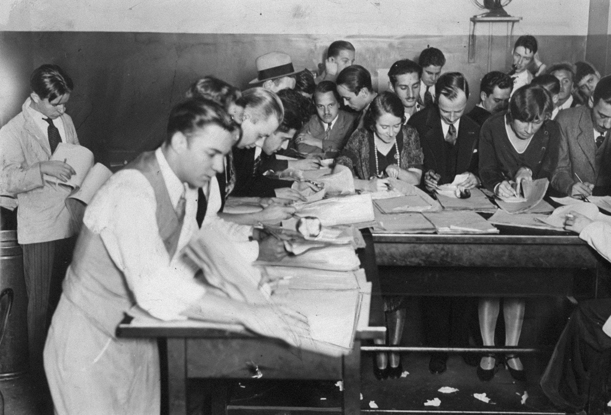 Insider brokers office in New York City during the market crash of 1929.