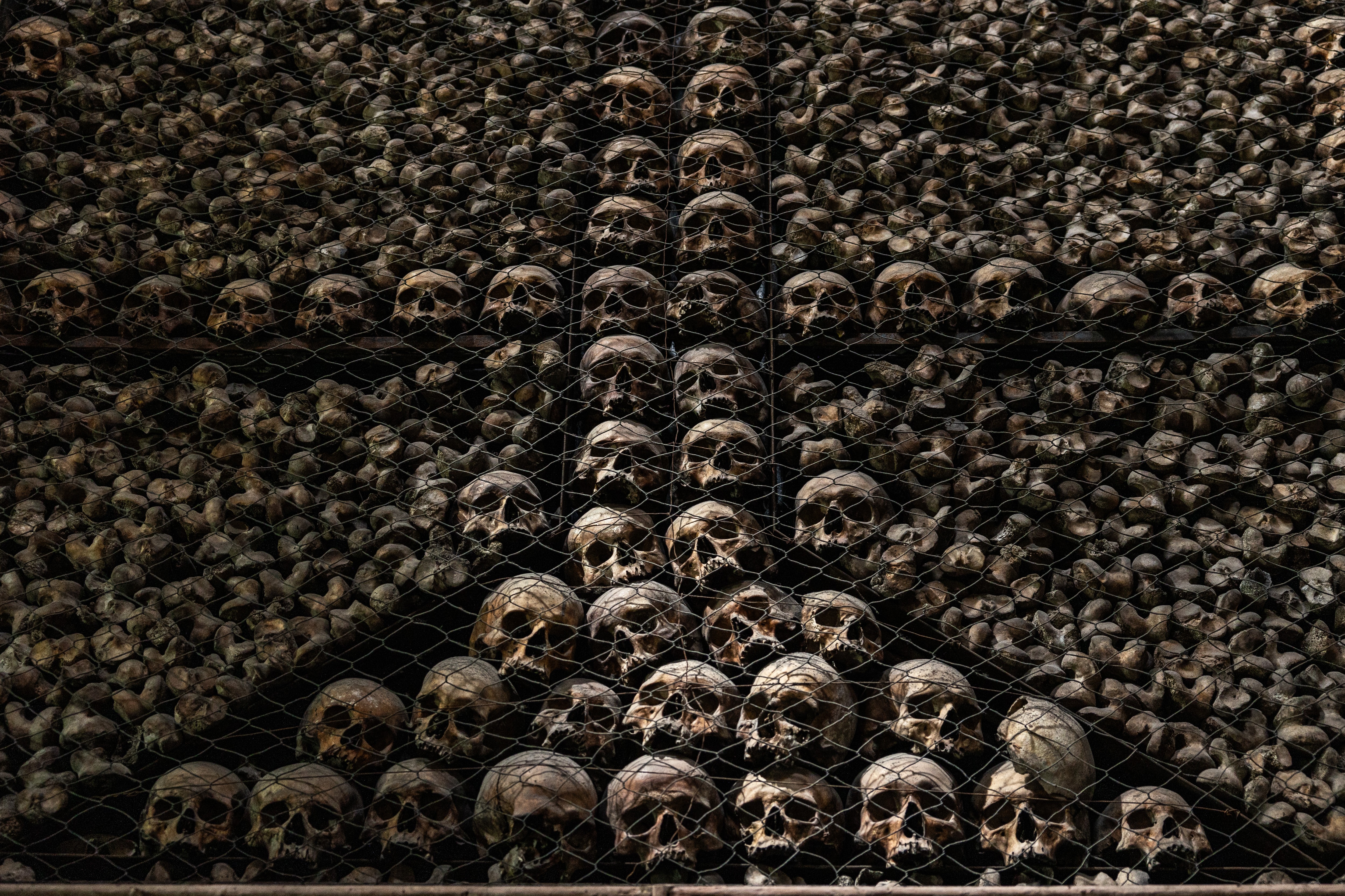 Dozens of human schools are arranged on the wall of an ossuary.