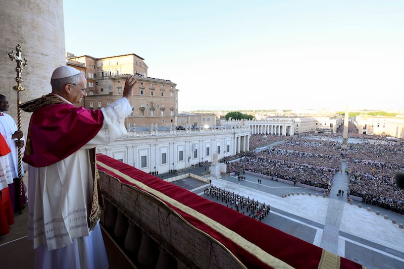 Pope Leo XIV, the new leader of 1.4 billion Catholics, addresses the crowd in St Peter's Square on Thursday.