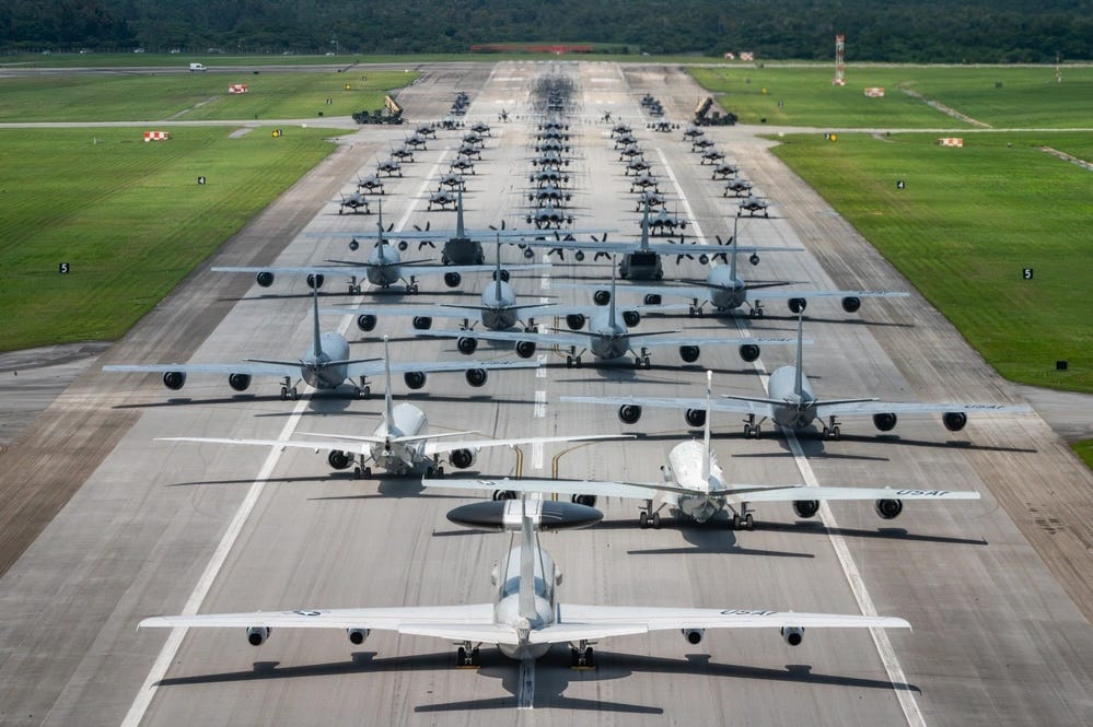 US military assets are on display in a massive elephant walk at Kadena Air Base in Japan.