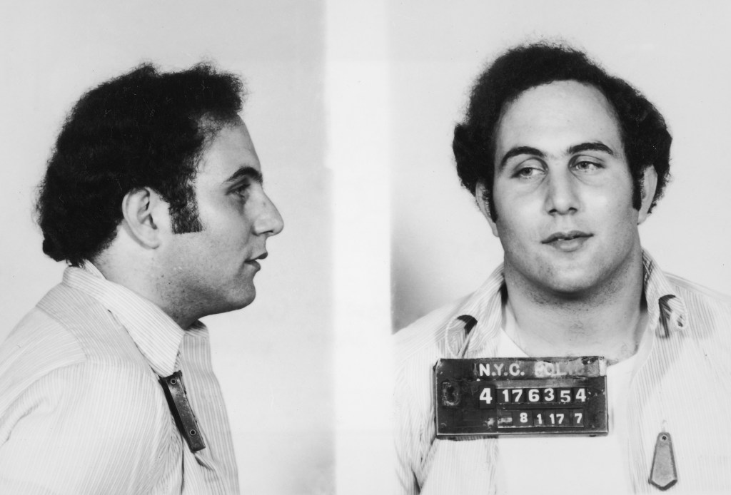 Police mug shot showing the front view and profile of convicted New York City serial killer David Berkowitz, known as the 'Son of Sam'. 