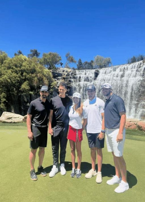 King poses for a photo with NFL quarterbacks Aaron Rodgers, Tom Brady, Patrick Mahomes and Josh Allen in June 2022.